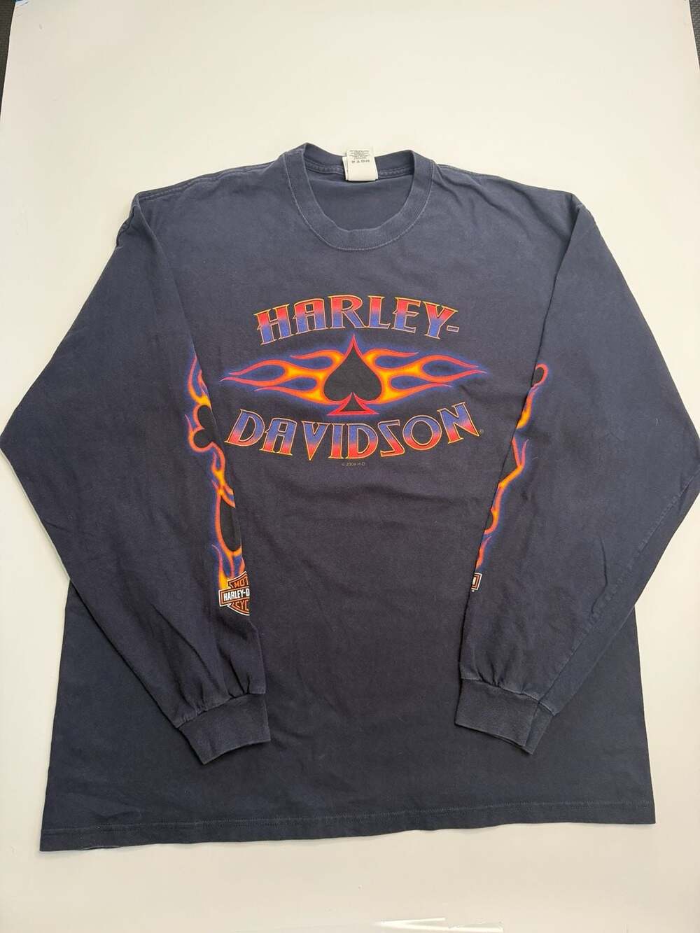 Vintage 2009 Harley Davidson Spade Flame Long Sleeve T-Shirt Black 2XL